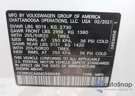 2021 Volkswagen Atlas 3.6L V6 Se W/Technology R-Line из США, поврежденный, VIN 1V2RR2CA6MC566048